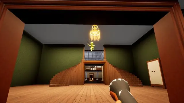 The Hunter's view down a chandelier-lit hallway