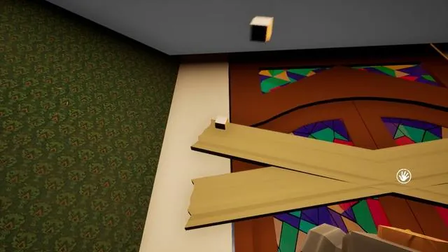 Planks across the stained glass, hammer in hand